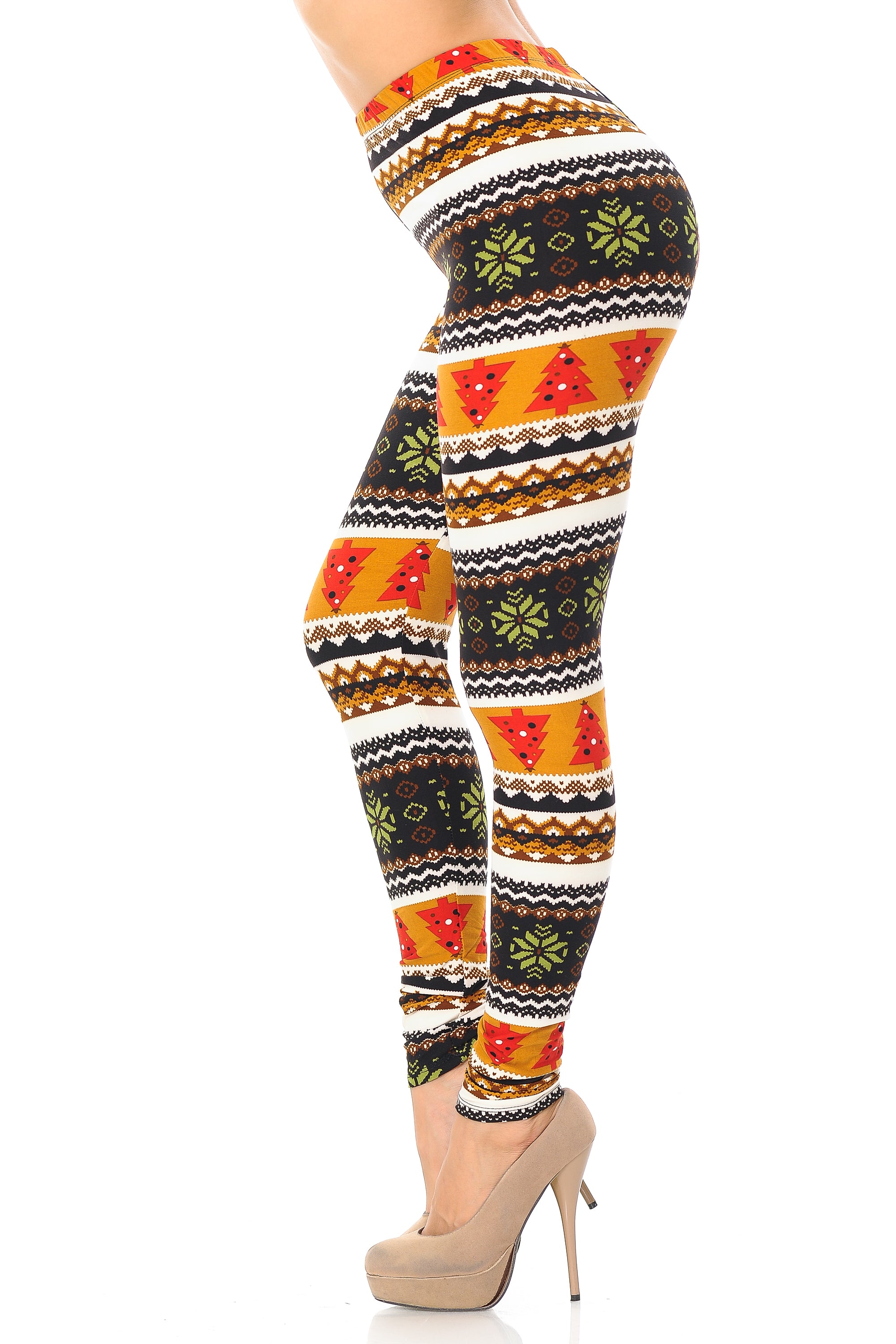 Buttery Soft Christmas Tree and Snowflake Leggings (One Size Regular,Brown)