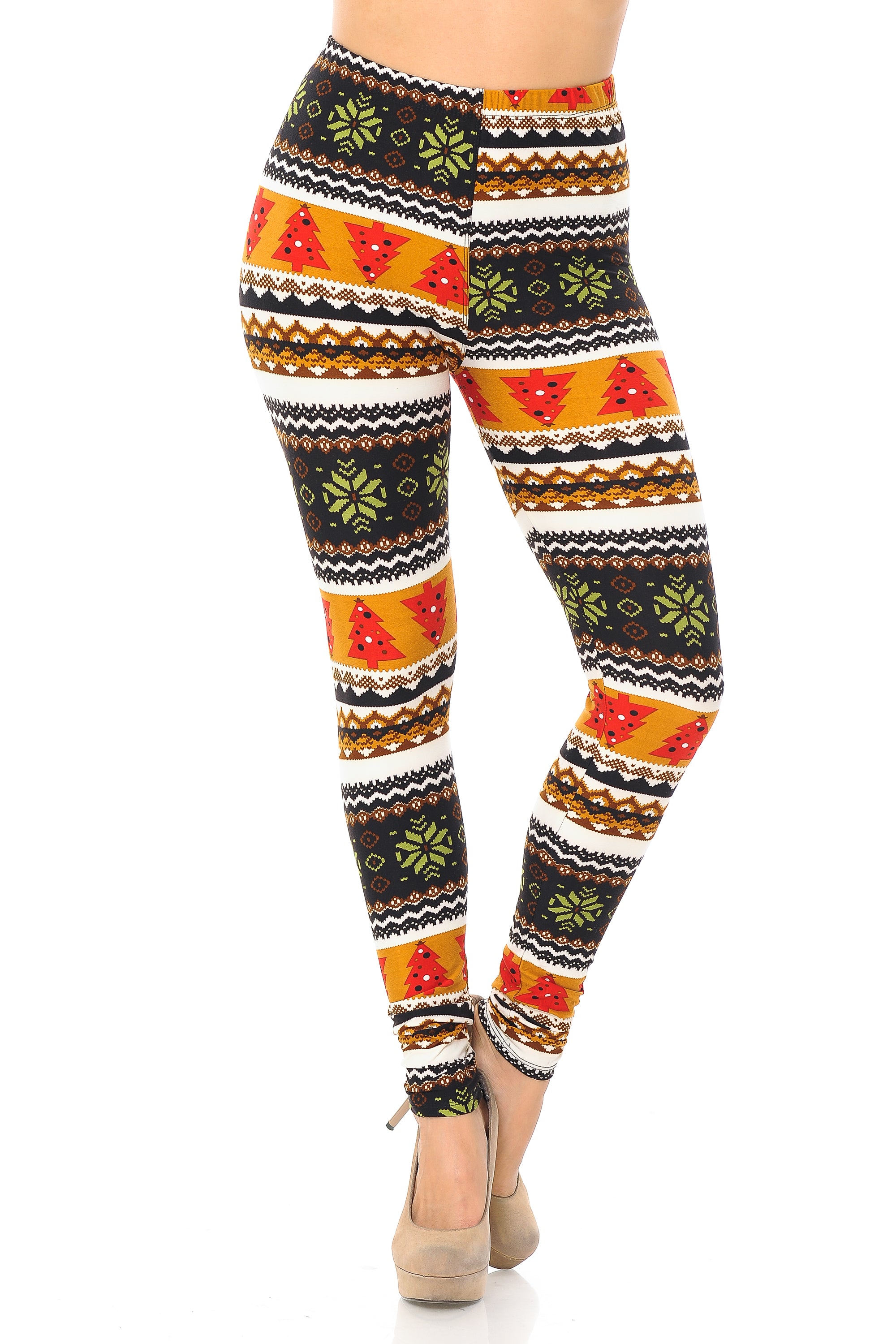 Buttery Soft Christmas Tree and Snowflake Leggings (One Size Regular,Brown)