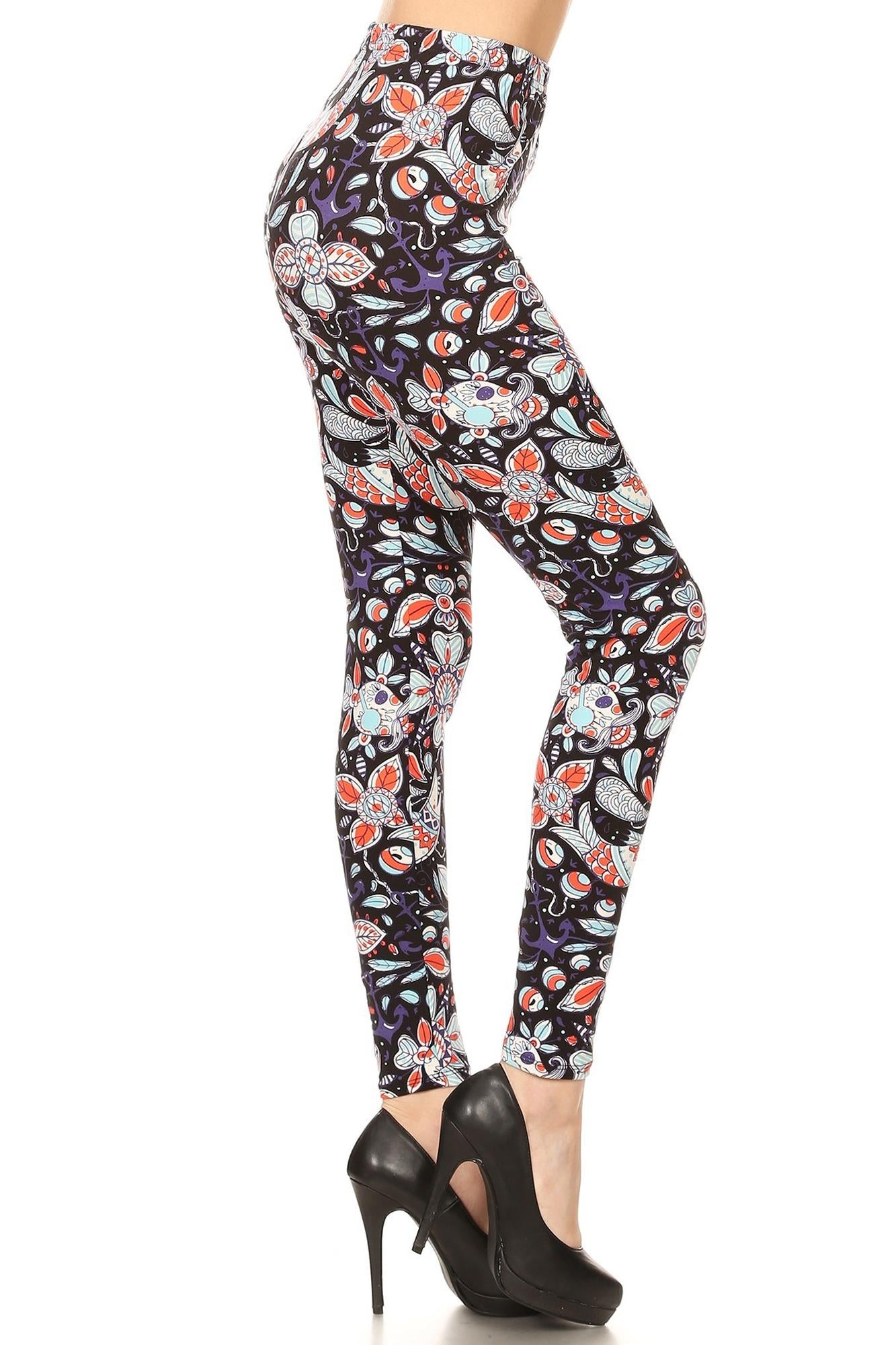 Buttery Soft Nautical Floral Skull Leggings (One Size Regular,Black)