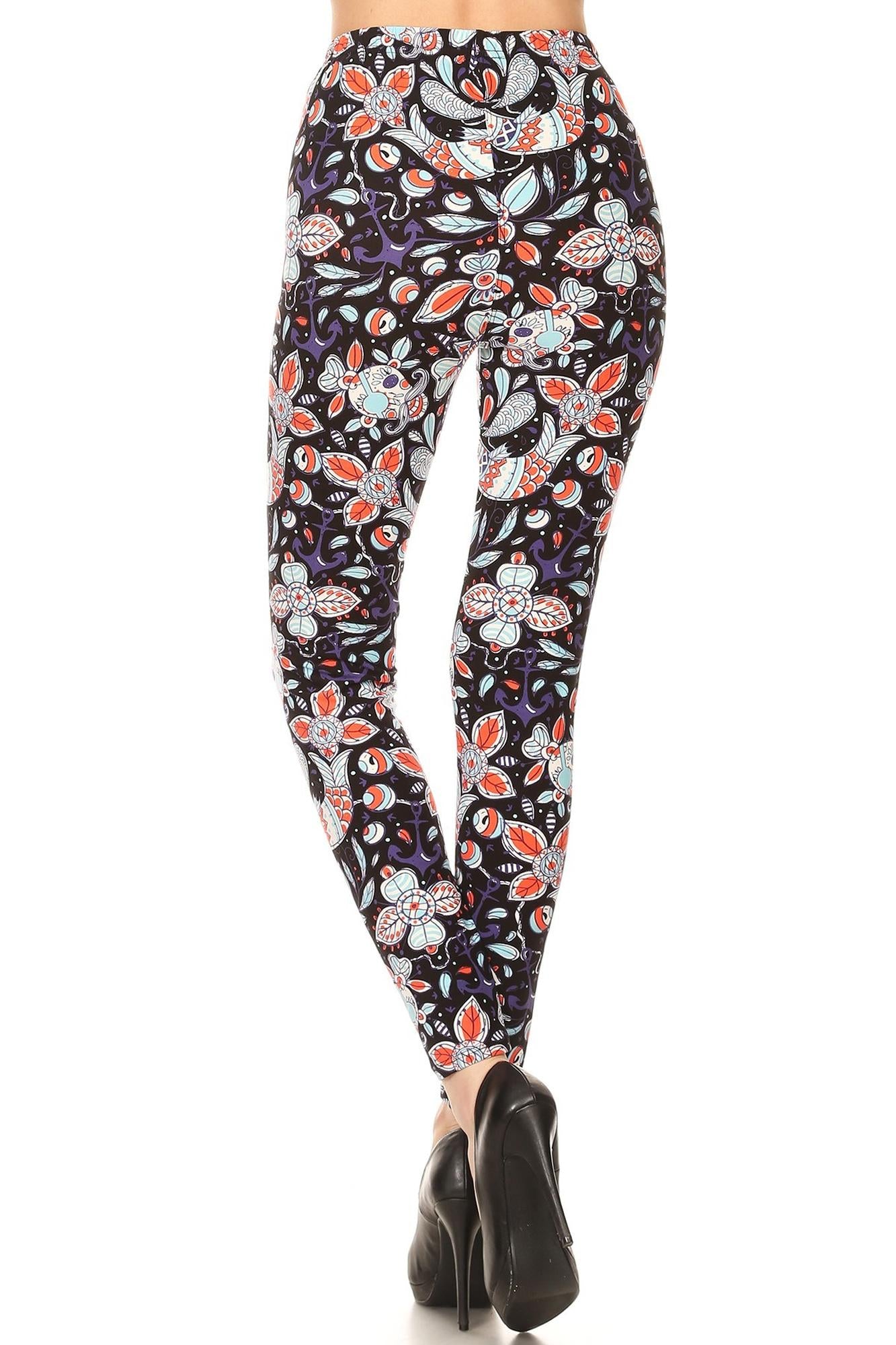 Buttery Soft Nautical Floral Skull Leggings (One Size Regular,Black)