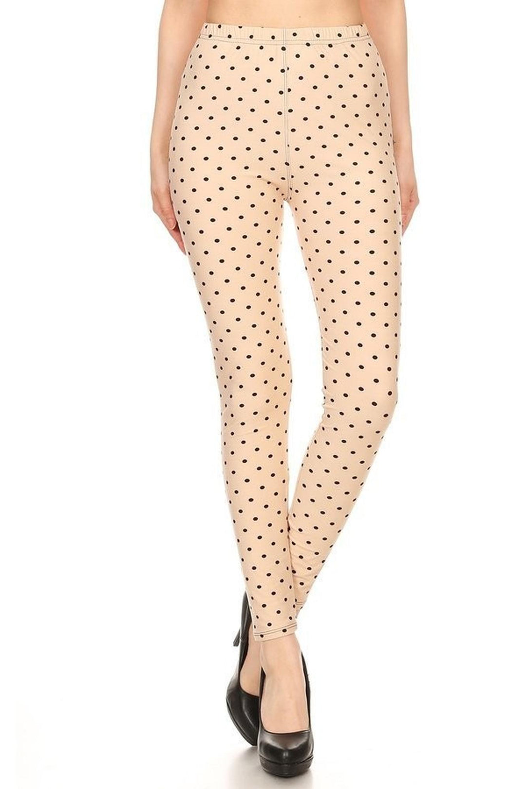 Buttery Soft Black on Beige Polka Dot Leggings (One Size Regular,Beige)