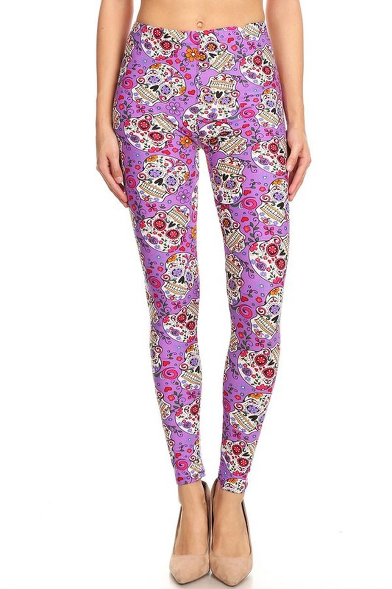 Buttery Soft Purple Sugar Skull Leggings (One Size Regular,Purple)
