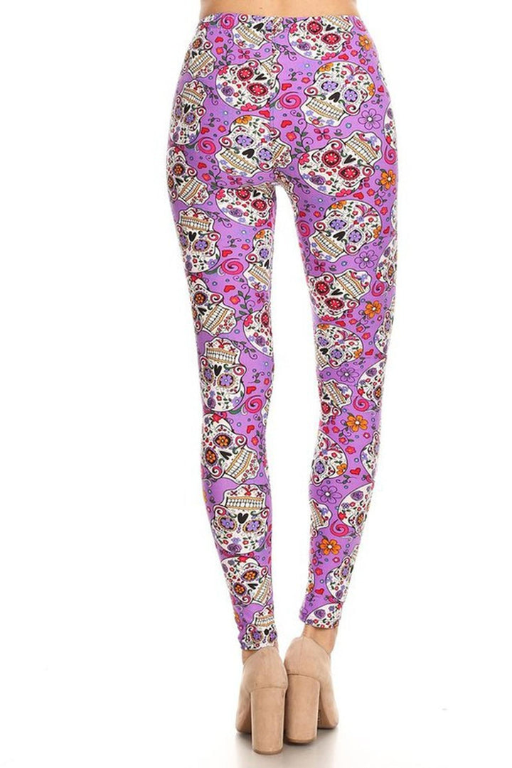 Buttery Soft Purple Sugar Skull Leggings (One Size Regular,Purple)