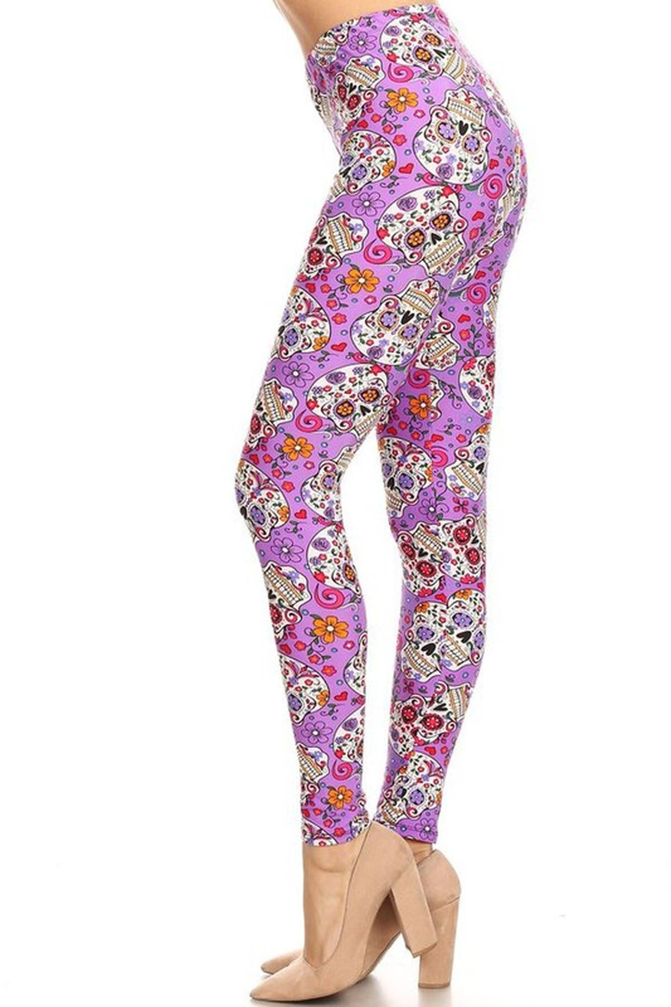Buttery Soft Purple Sugar Skull Leggings (One Size Regular,Purple)