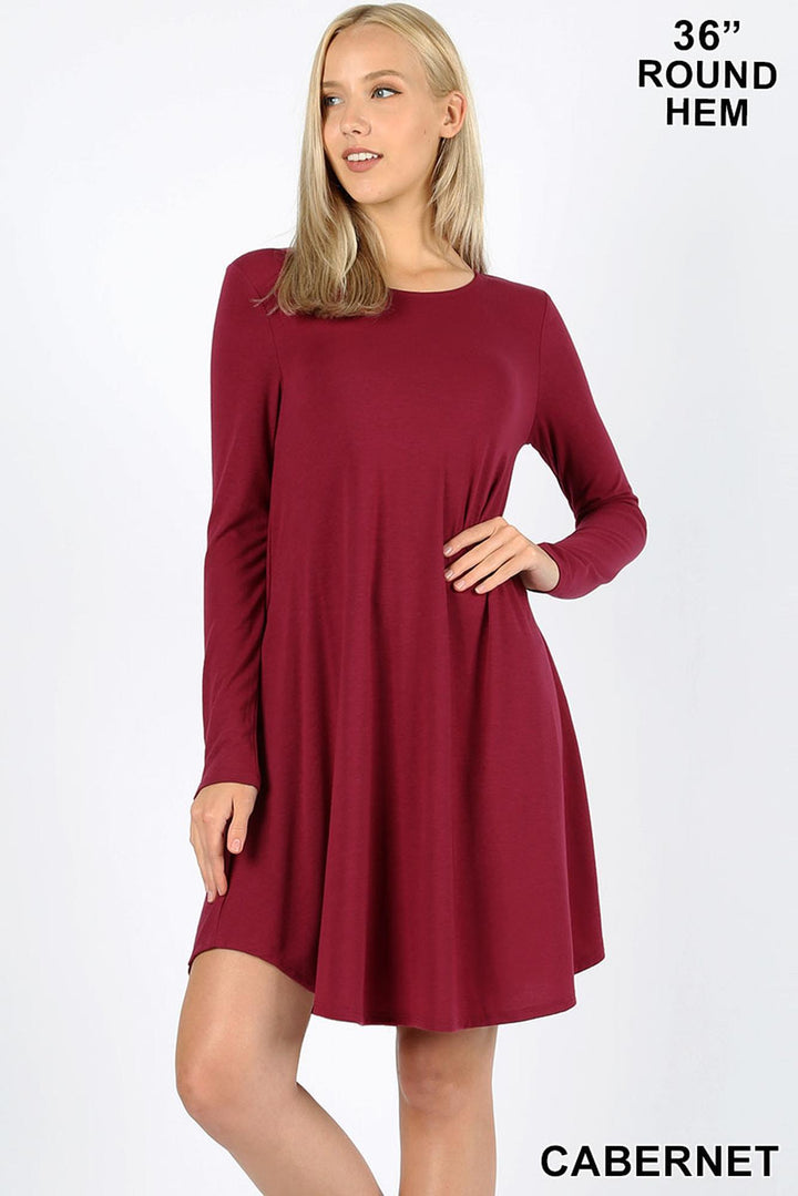 Premium Long Sleeve A-Line Round Hem Rayon Tunic with Pockets