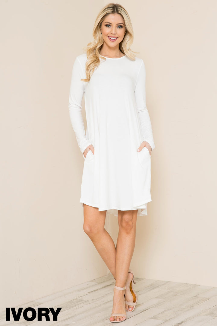 Premium Long Sleeve A-Line Round Hem Rayon Tunic with Pockets