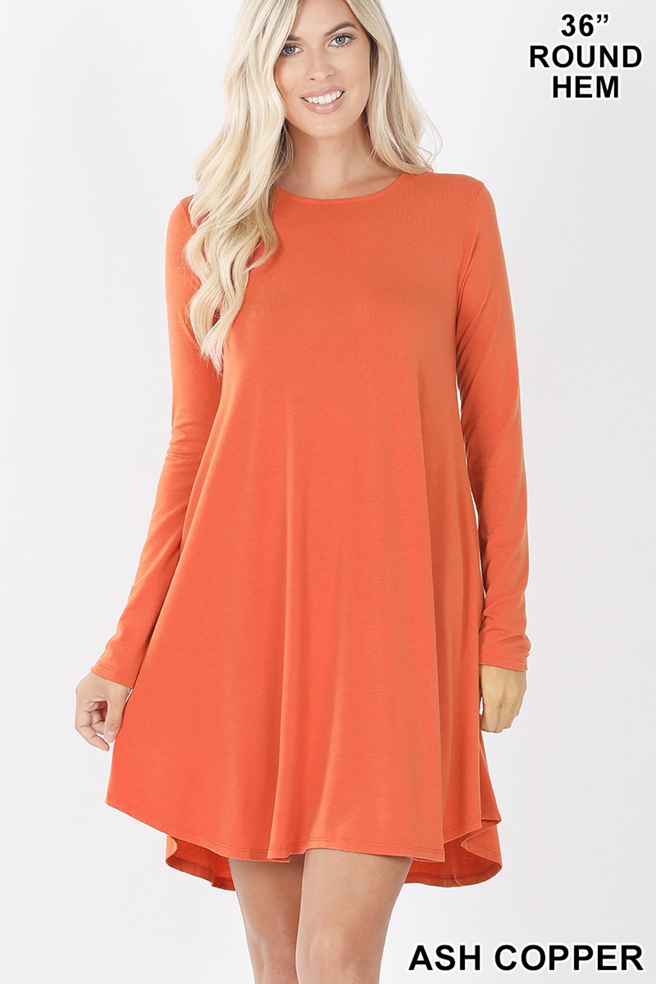 Premium Long Sleeve A-Line Round Hem Rayon Tunic with Pockets