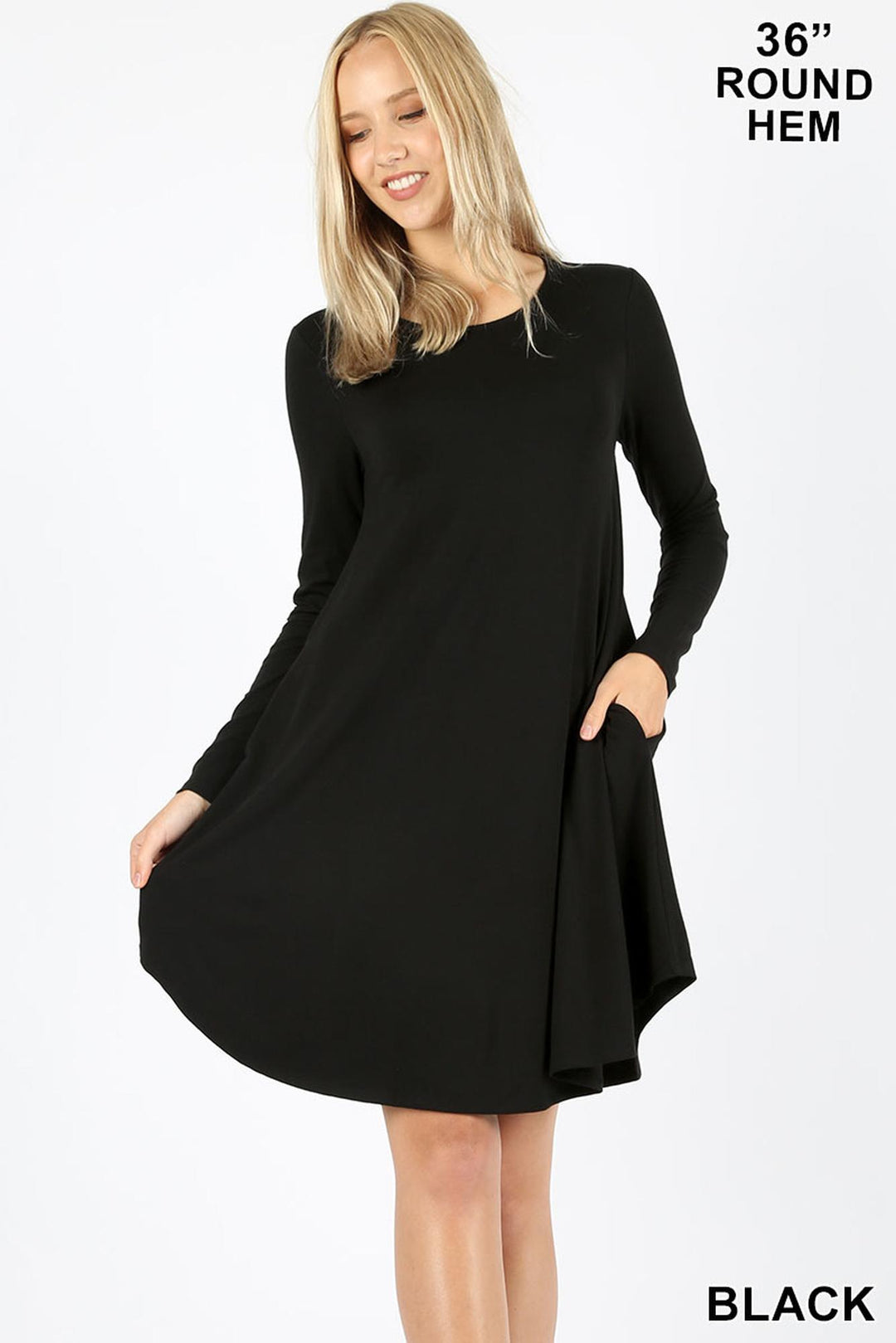 Premium Long Sleeve A-Line Round Hem Rayon Tunic with Pockets