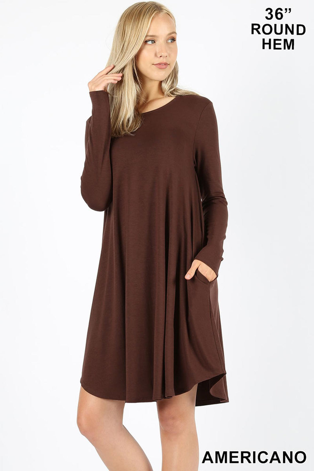 Premium Long Sleeve A-Line Round Hem Rayon Tunic with Pockets
