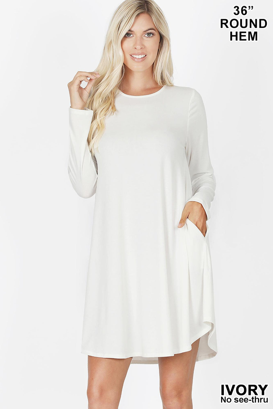 Premium Long Sleeve A-Line Round Hem Rayon Tunic with Pockets