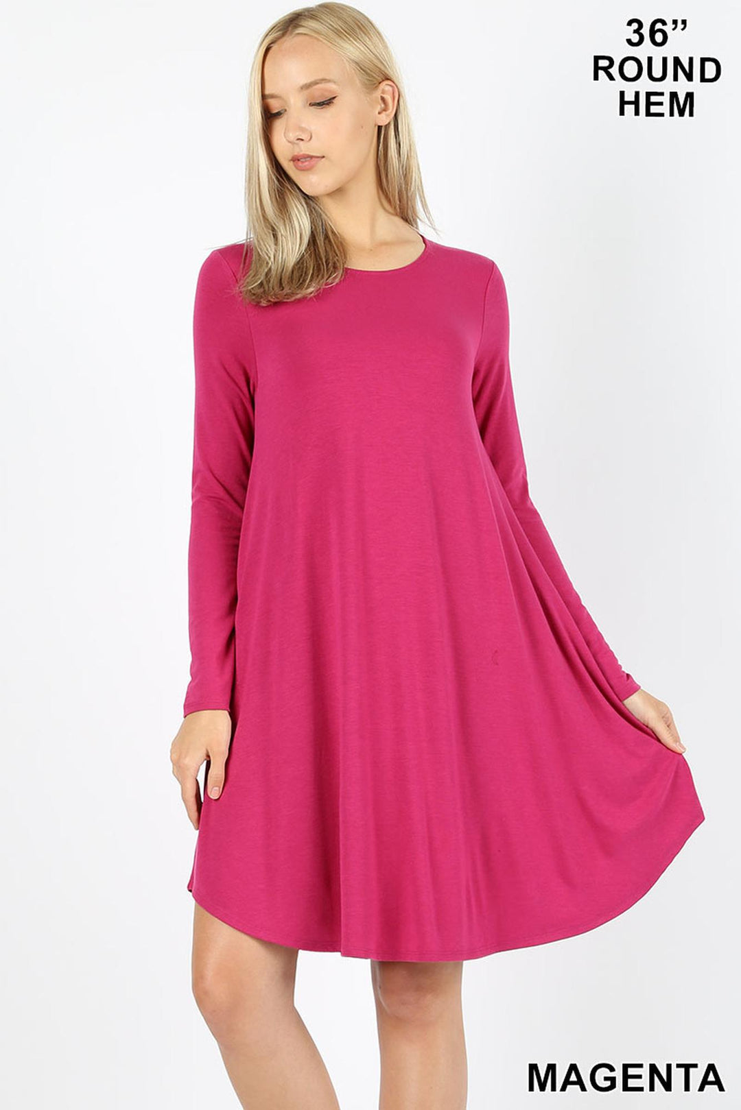 Premium Long Sleeve A-Line Round Hem Rayon Tunic with Pockets