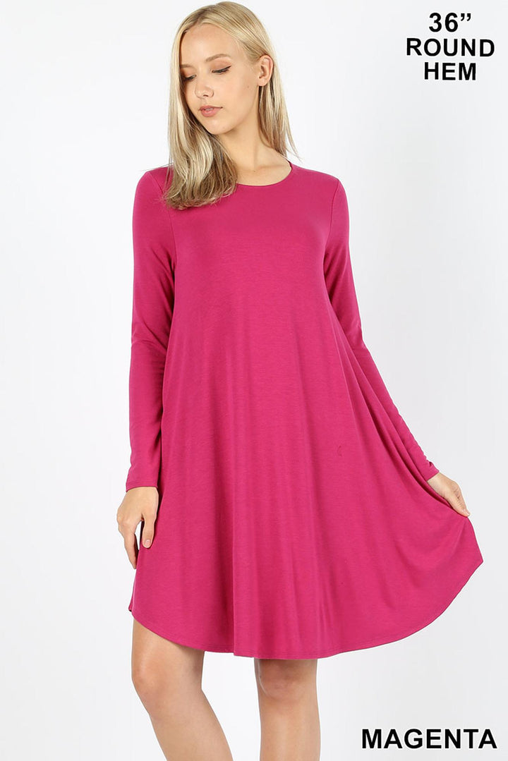 Premium Long Sleeve A-Line Round Hem Rayon Tunic with Pockets