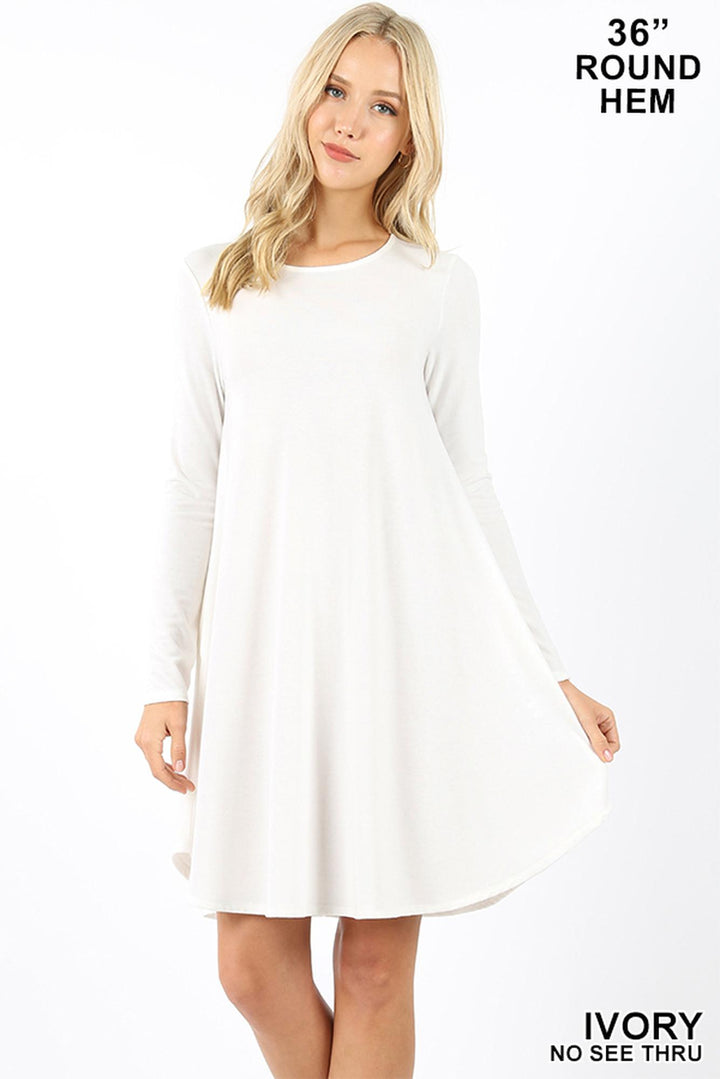 Premium Long Sleeve A-Line Round Hem Rayon Tunic with Pockets