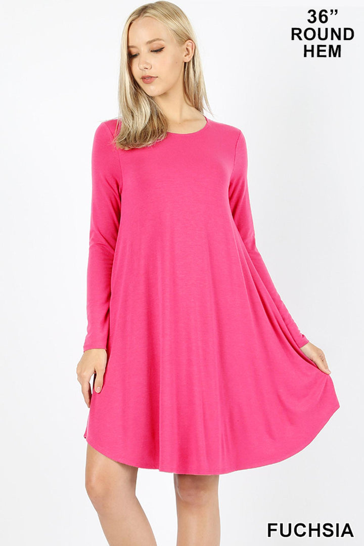 Premium Long Sleeve A-Line Round Hem Rayon Tunic with Pockets