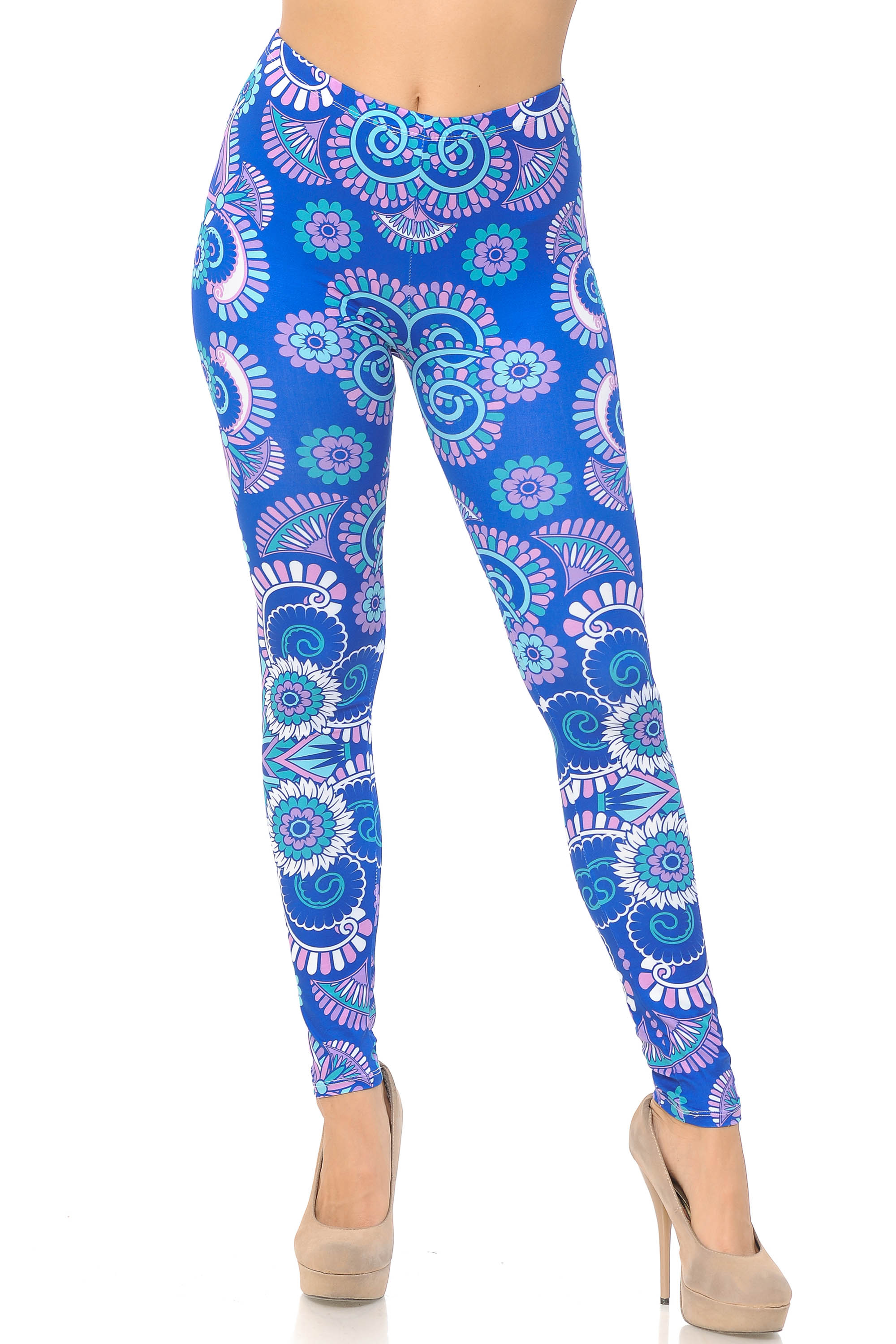 Creamy Soft Premium Women's Leggings Blue Mandala Regular Size, High Rise, Stretchy & Comfortable Fit - by USA Fashion