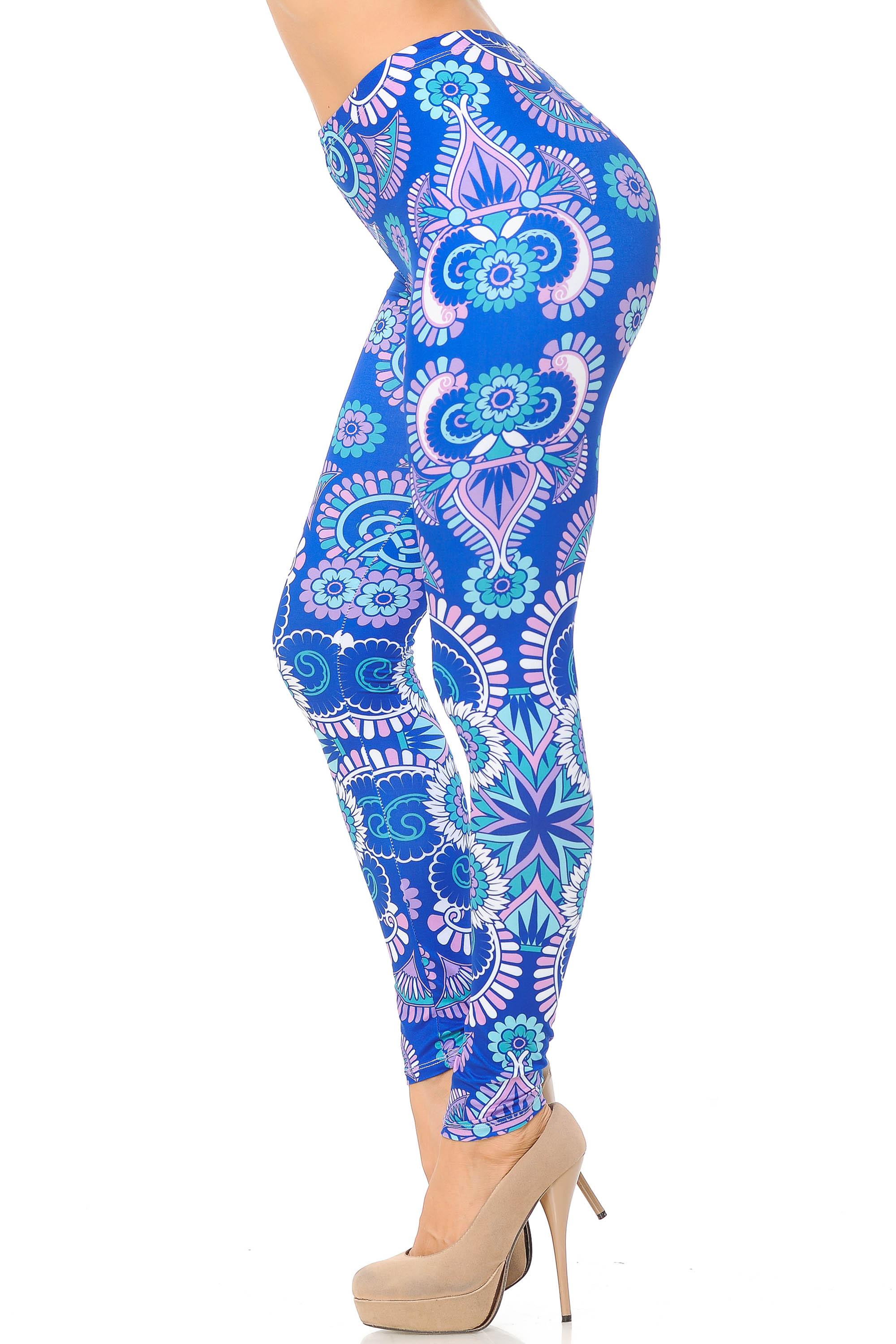 Creamy Soft Premium Women's Leggings Blue Mandala Regular Size, High Rise, Stretchy & Comfortable Fit - by USA Fashion