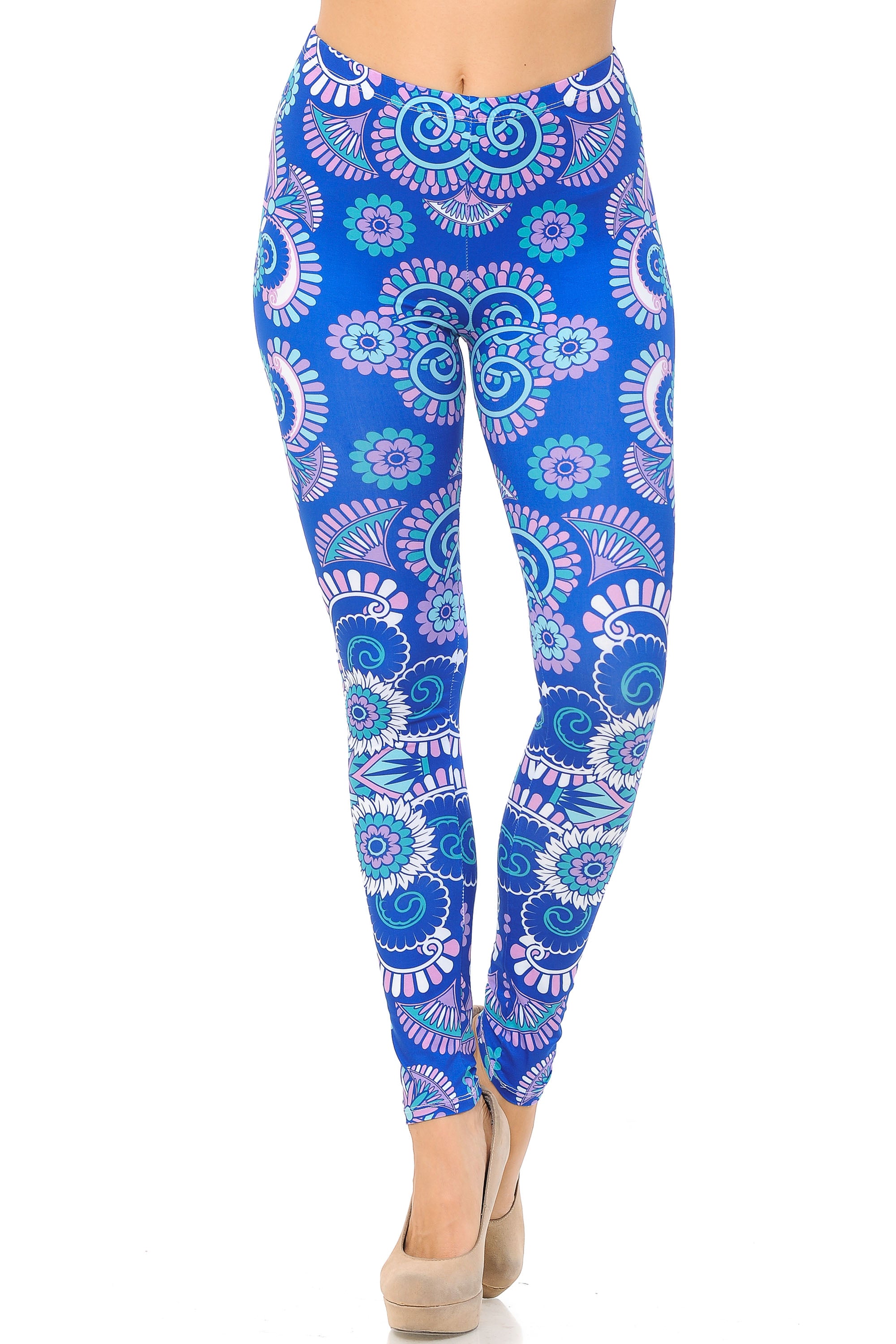 Creamy Soft Premium Women's Leggings Blue Mandala Regular Size, High Rise, Stretchy & Comfortable Fit - by USA Fashion