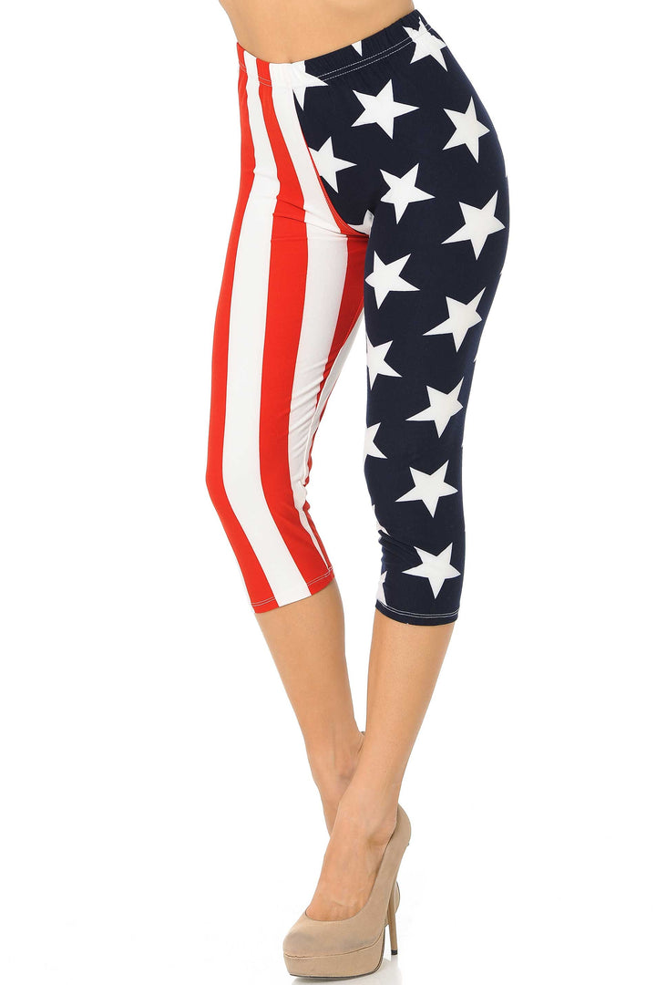 Buttery Soft Split USA Flag Capris (One Size Regular,Red)