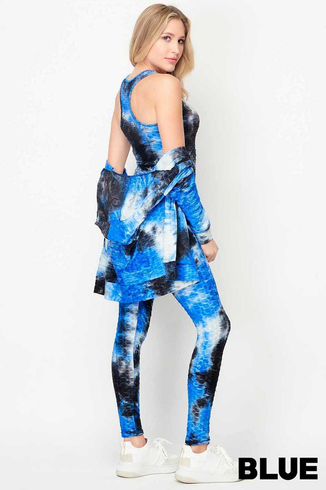 Tie Dye 3 Piece Textured Scrunch Butt Leggings Tank Top and Hoodie Jacket Set
