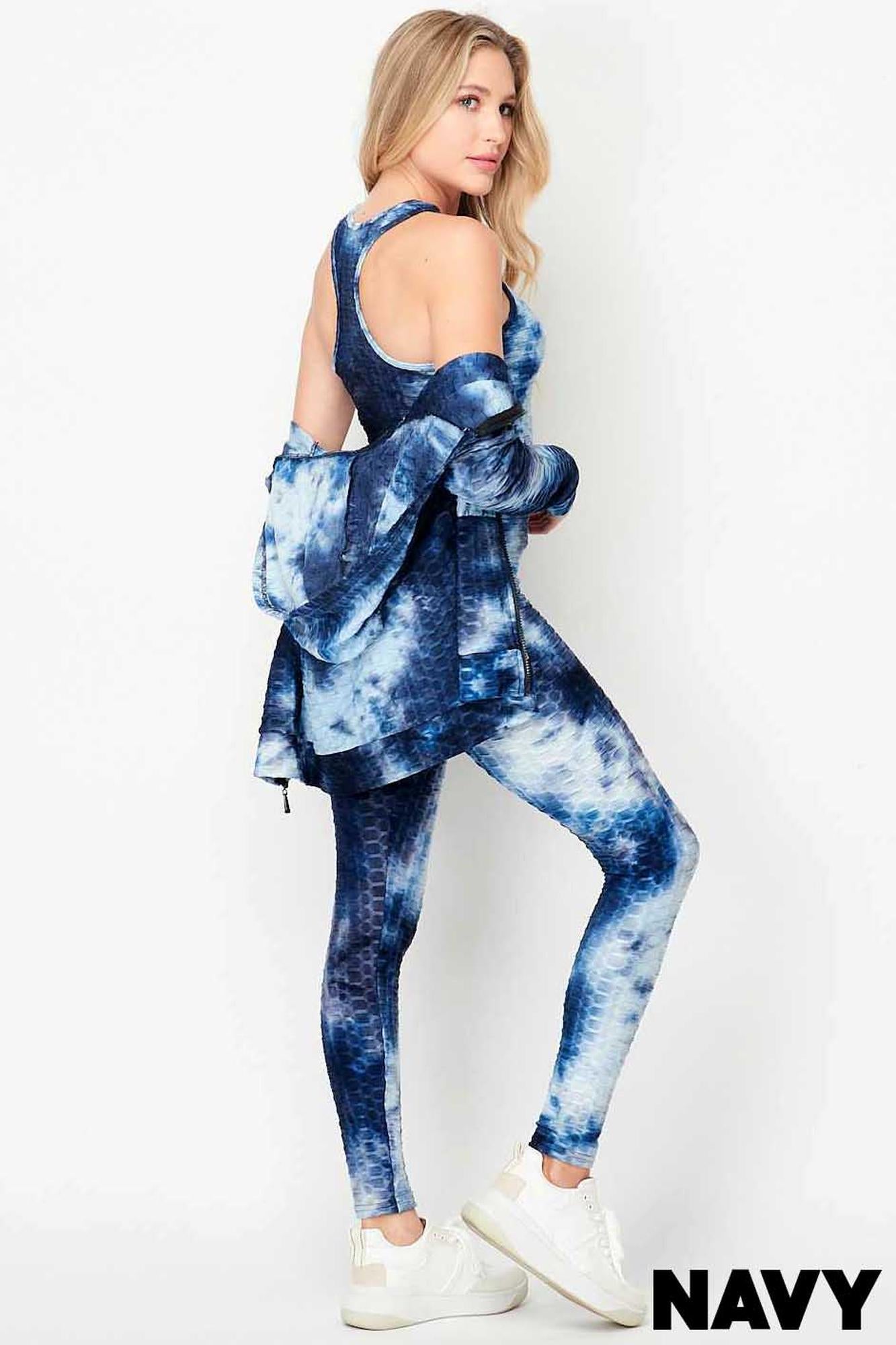 Tie Dye 3 Piece Textured Scrunch Butt Leggings Tank Top and Hoodie Jacket Set