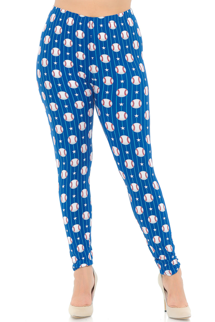 Buttery Soft Boys of Summer Baseball Extra Plus Size Leggings - 3X-5X (XPlus One Size,Blue)