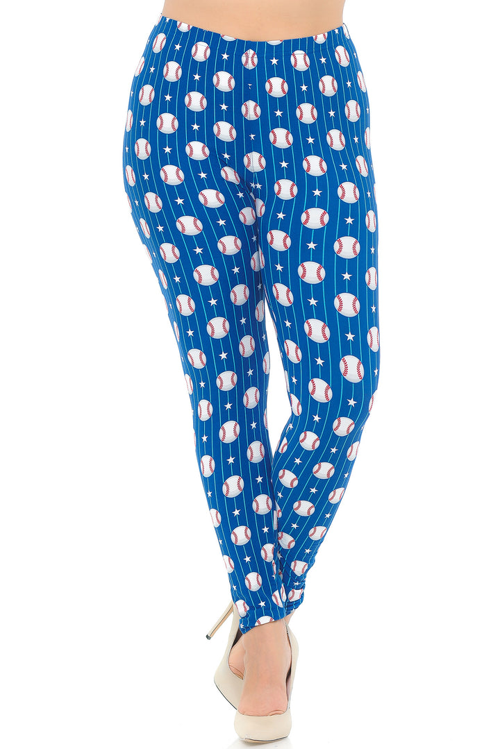 Buttery Soft Boys of Summer Baseball Extra Plus Size Leggings - 3X-5X (XPlus One Size,Blue)