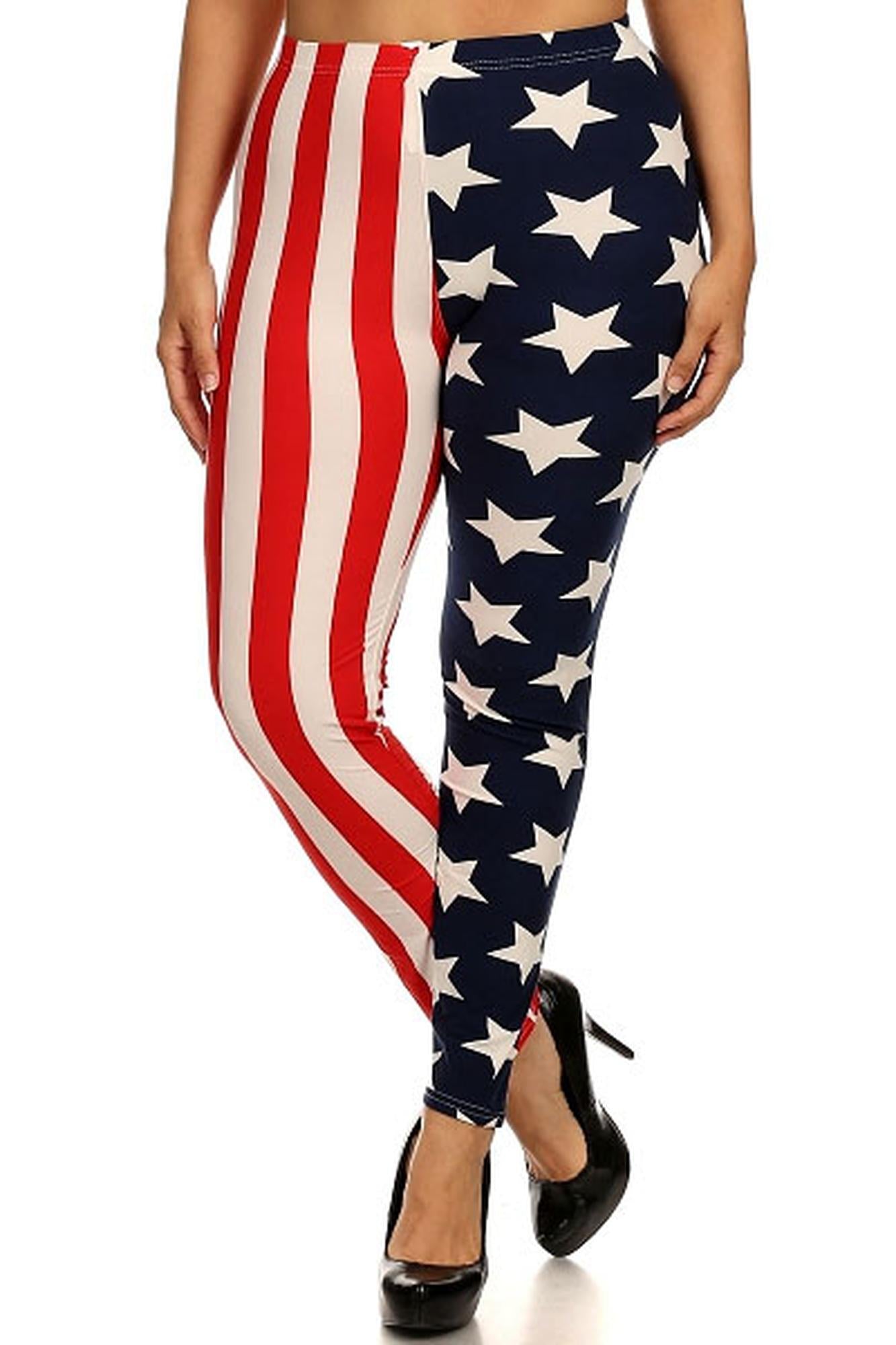 Split American Flag Leggings - Plus Size (One Size Plus,Multi Color - Bold)