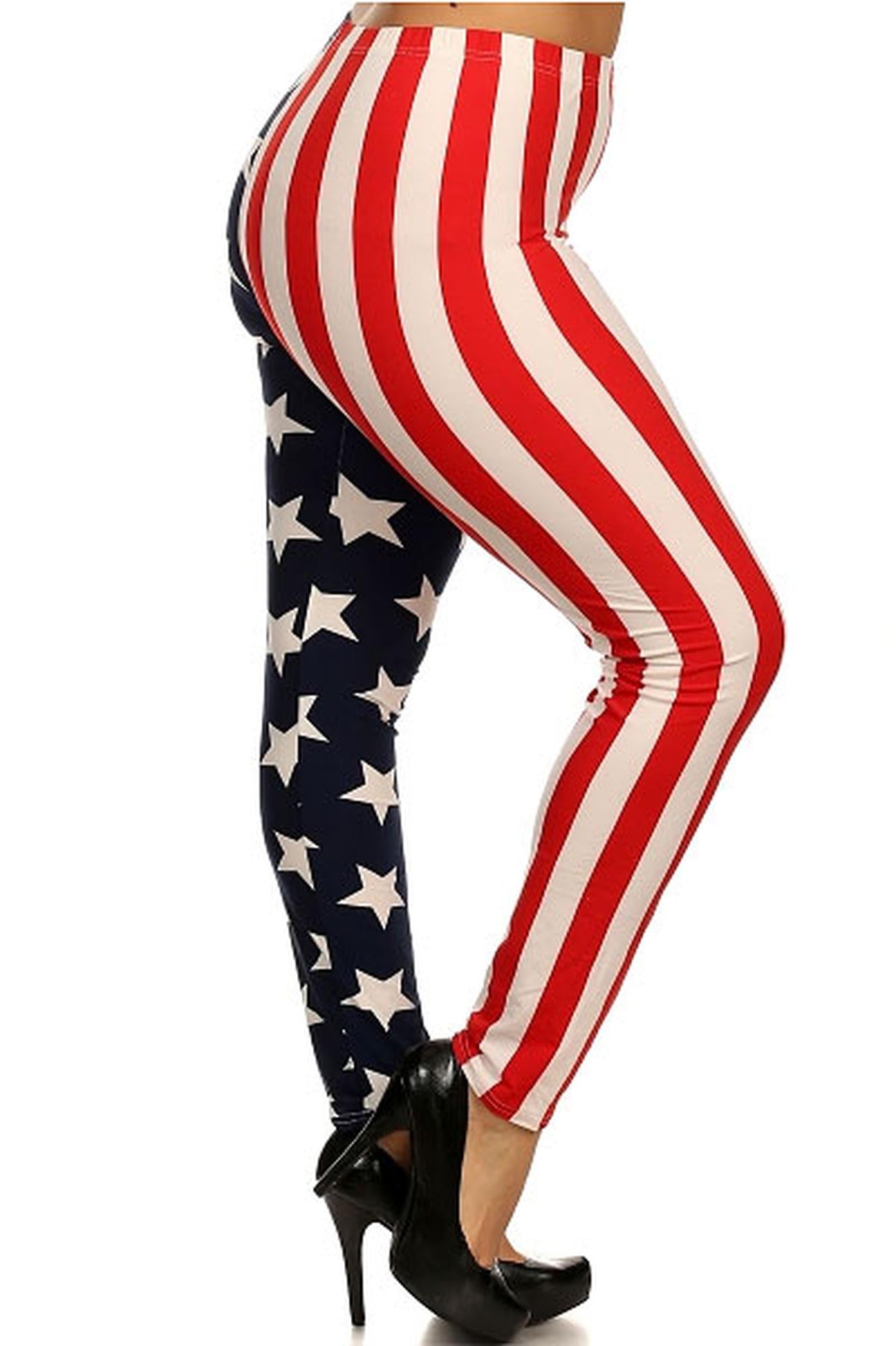 Split American Flag Leggings - Plus Size (One Size Plus,Multi Color - Bold)