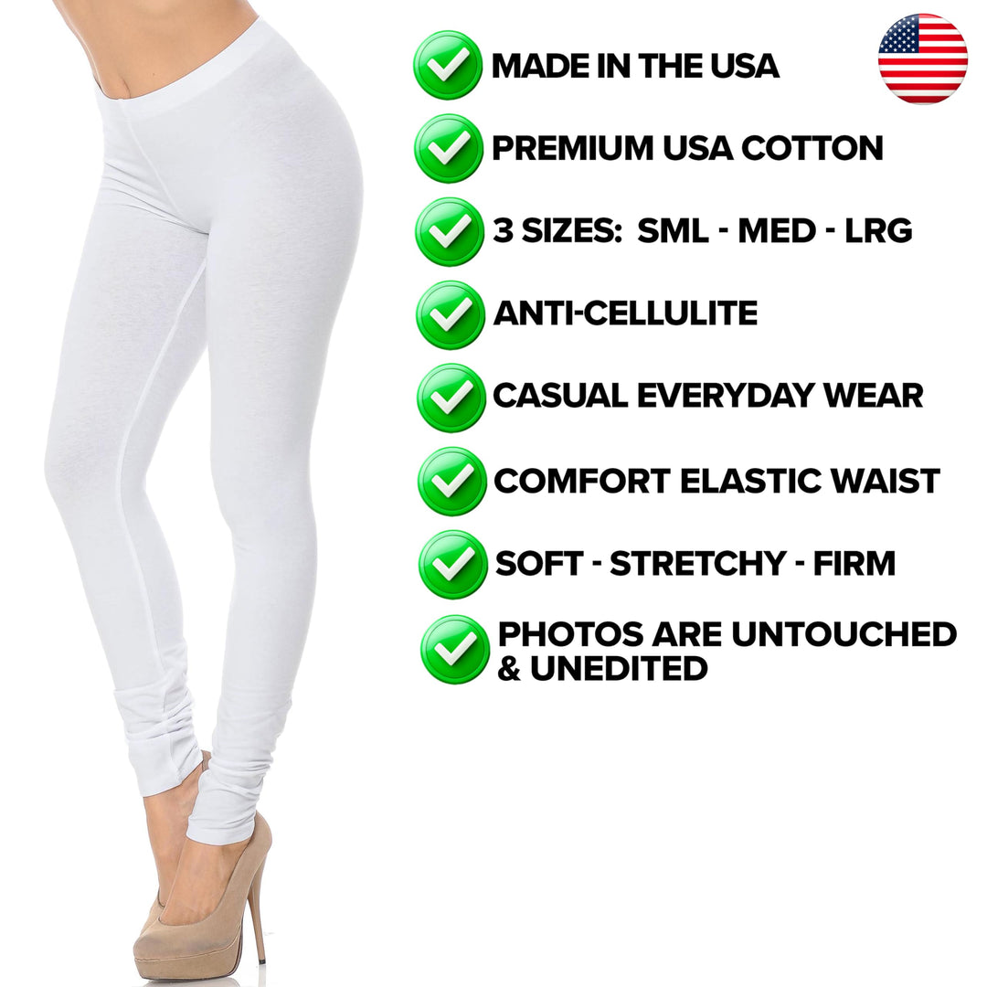 Made in The USA - Women's Leg Smoothing Full Length Solid Basic Cotton Leggings