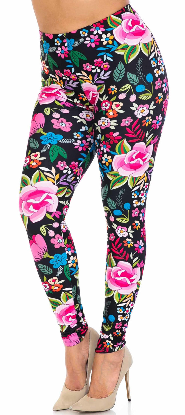 Creamy Soft Leggings Premium Women's Floral Oasis Extra Plus, High Rise, Stretchy, Comfortable, 3X-5X Leggings - by USA Fashion
