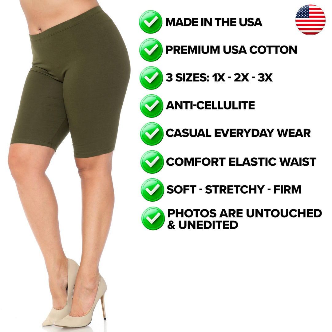 Made in The USA - Women's Plus Size Solid Basic Skin Smoothing Cotton Thigh Shorts - 1XL - 2XL - 3XL