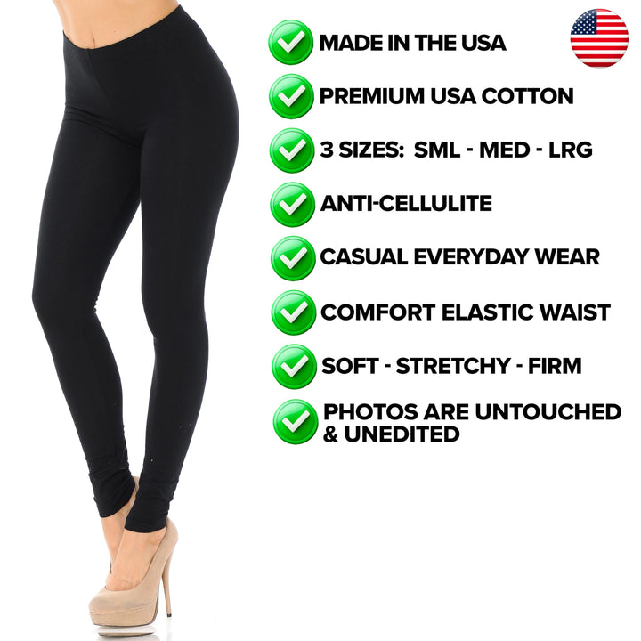 Made in The USA - Women's Leg Smoothing Full Length Solid Basic Cotton Leggings