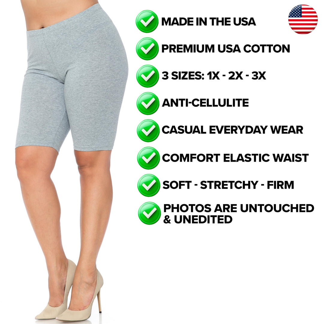 Made in The USA - Women's Plus Size Solid Basic Skin Smoothing Cotton Thigh Shorts - 1XL - 2XL - 3XL