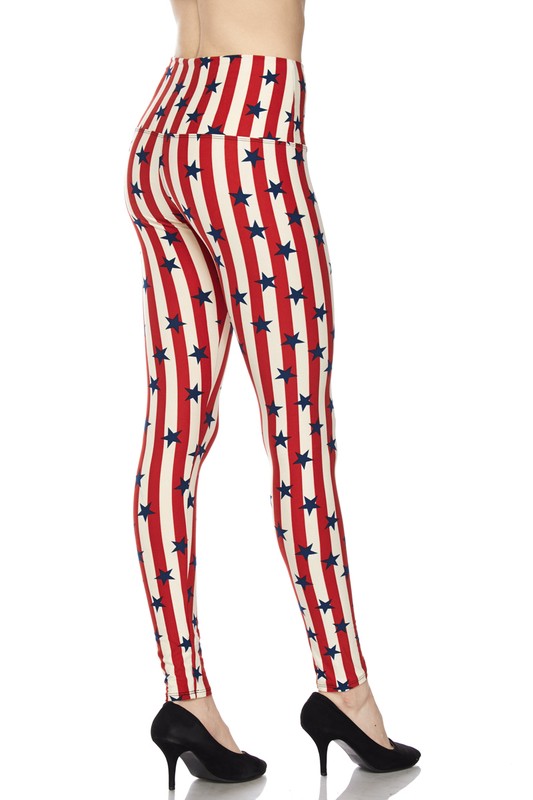 Buttery Soft High Waist Vertical Stripes USA Flag Leggings (One Size Regular,Red)