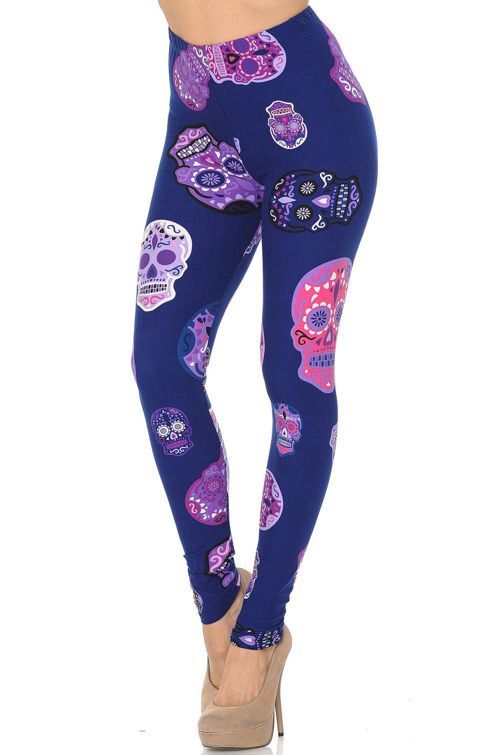 Buttery Soft Violet Sugar Skulls Leggings (One Size Regular,Purple)