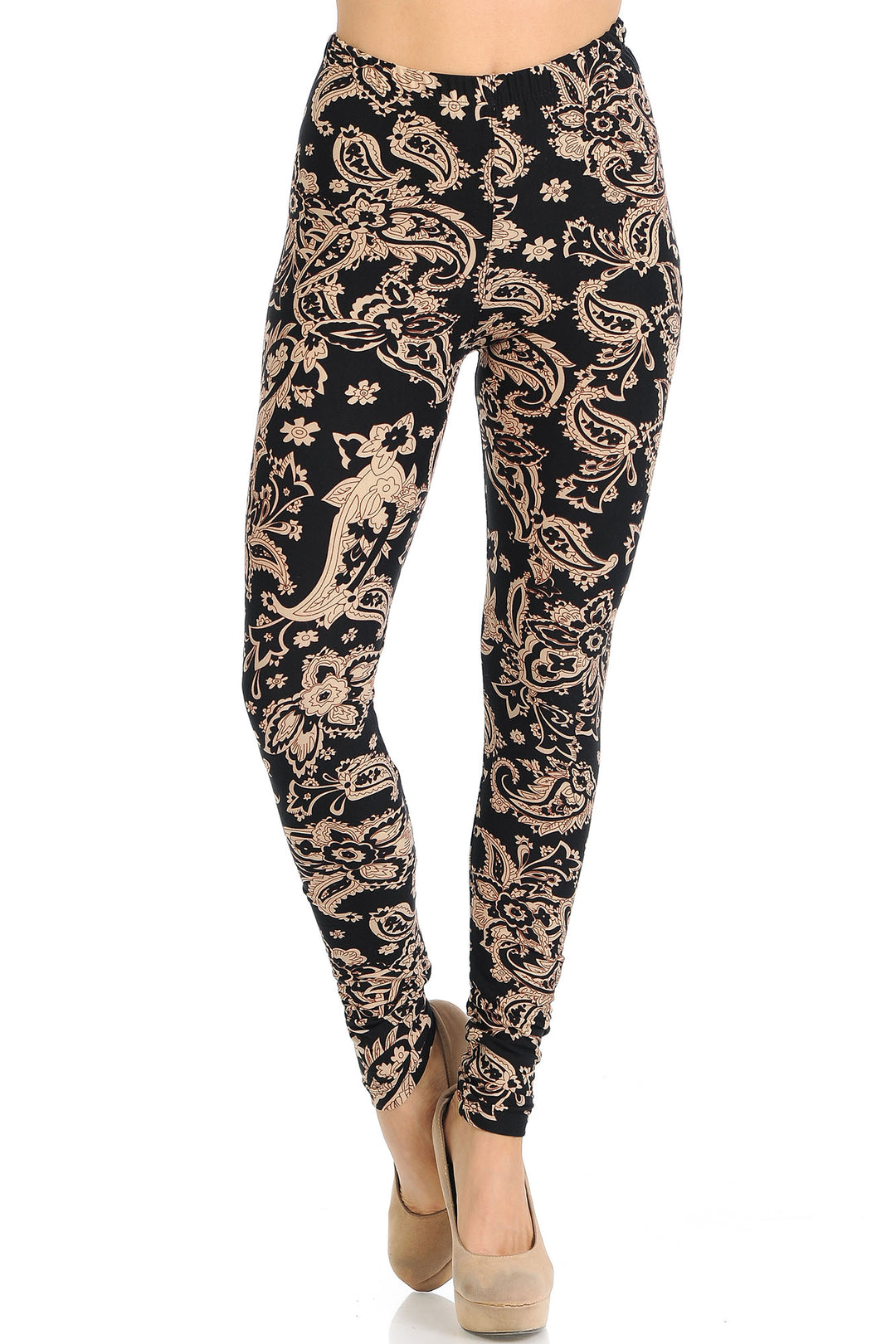 Buttery Soft Sand Pepper Paisley Leggings (One Size Regular,Beige)