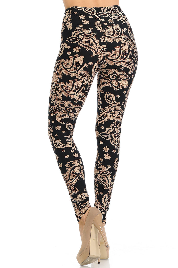 Buttery Soft Sand Pepper Paisley Leggings (One Size Regular,Beige)