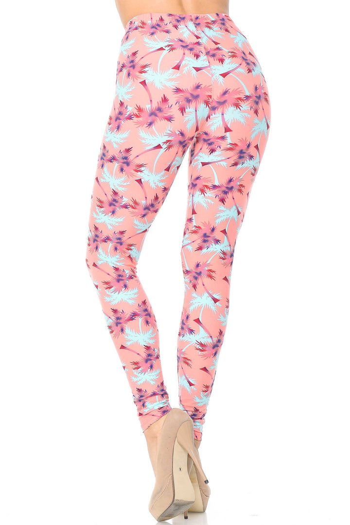 Buttery Soft Coral Palm Tree Leggings (One Size Regular,Coral)