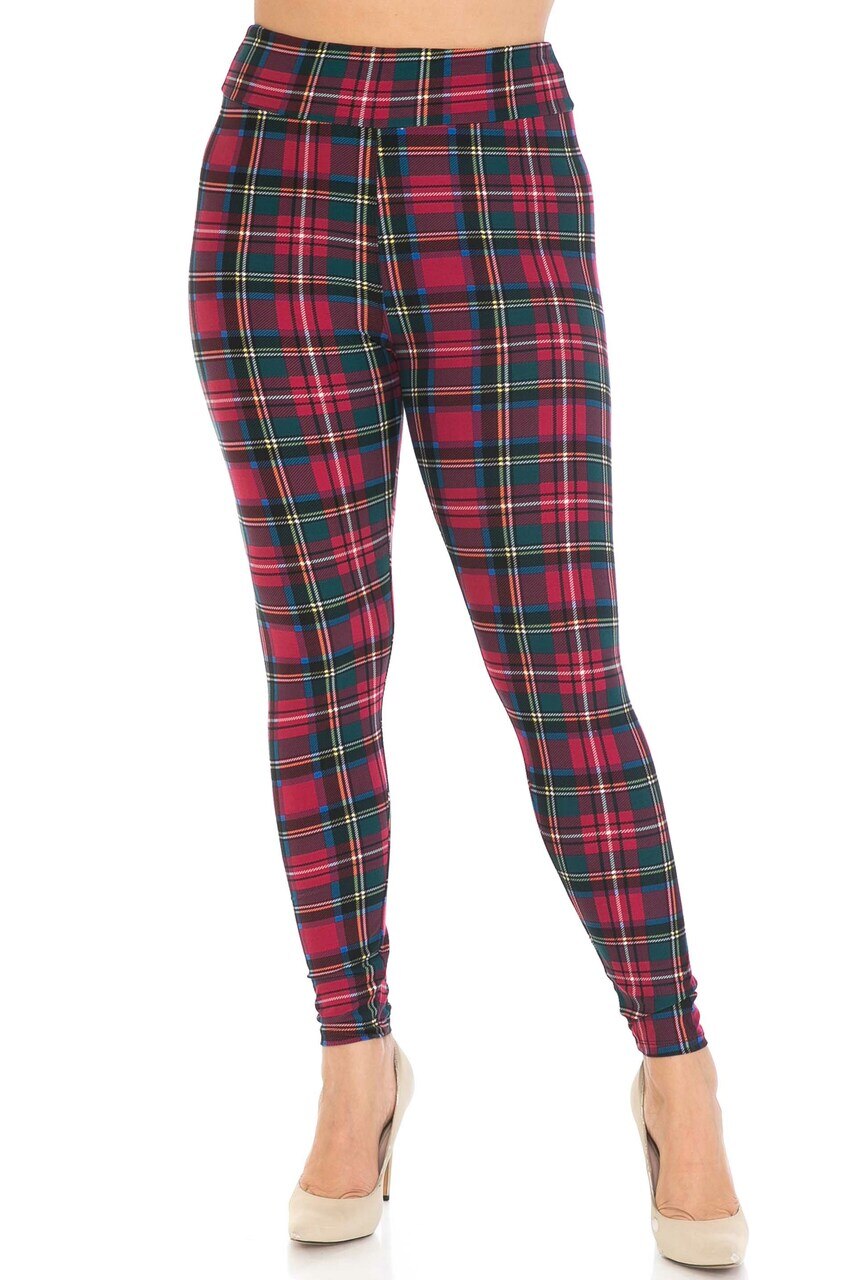 Buttery Soft Modish Plaid High Waisted Leggings (One Size Regular,Burgundy)