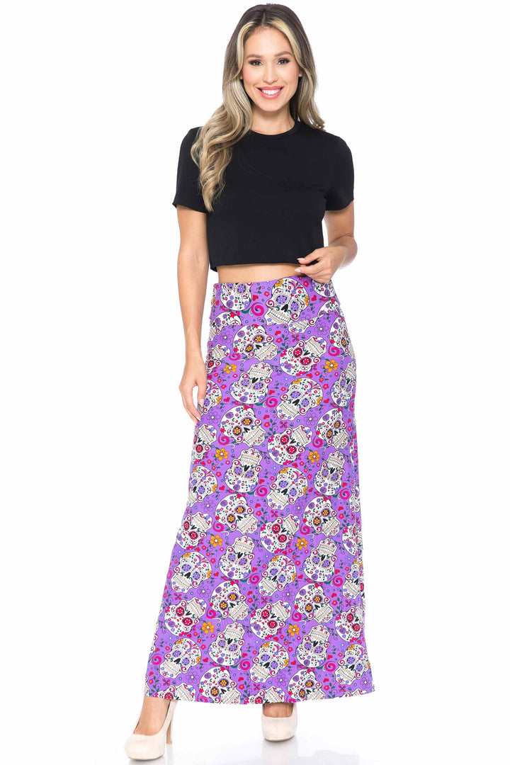 Buttery Soft Purple Sugar Skull Maxi Skirt (One Size Regular,Purple)