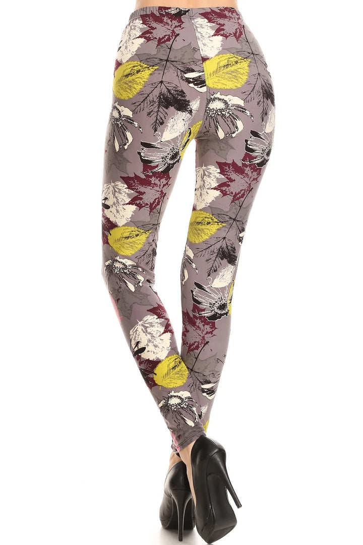Buttery Soft Fall Leaf Floral Leggings (One Size Regular,Charcoal)