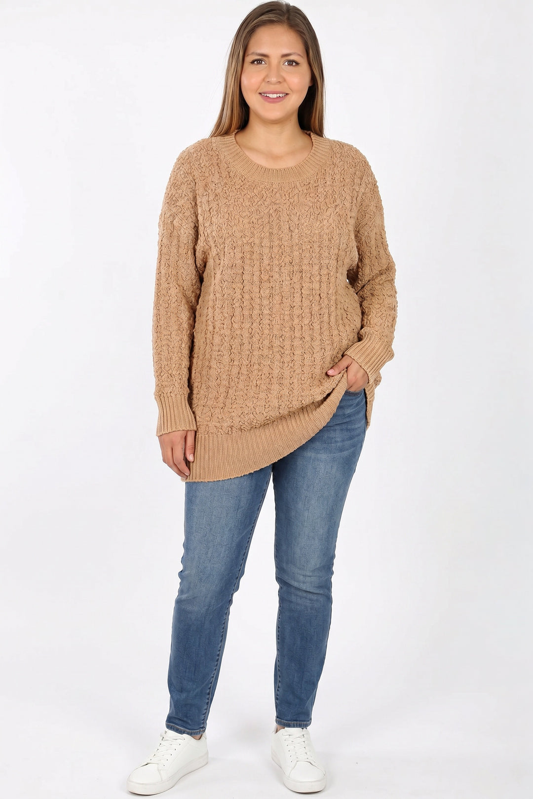 Cable Knit Popcorn Round Neck Hi-Low Plus Size Sweater