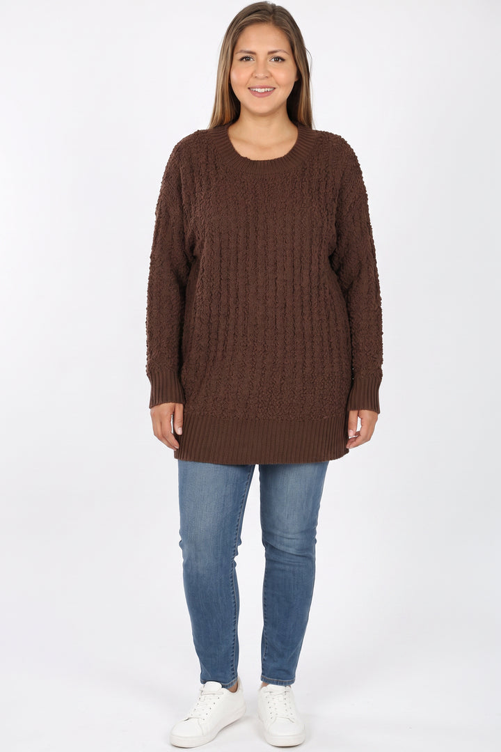 Cable Knit Popcorn Round Neck Hi-Low Plus Size Sweater