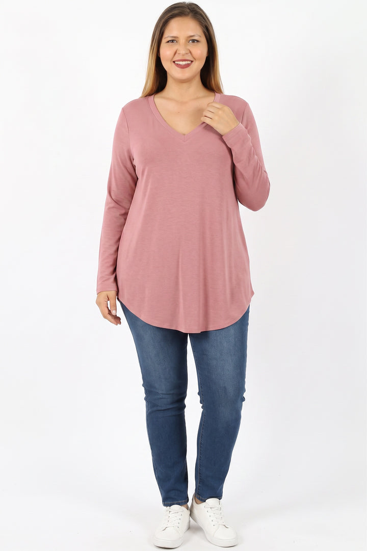 Premium V-Neck Round Hem Long Sleeve Plus Size Top