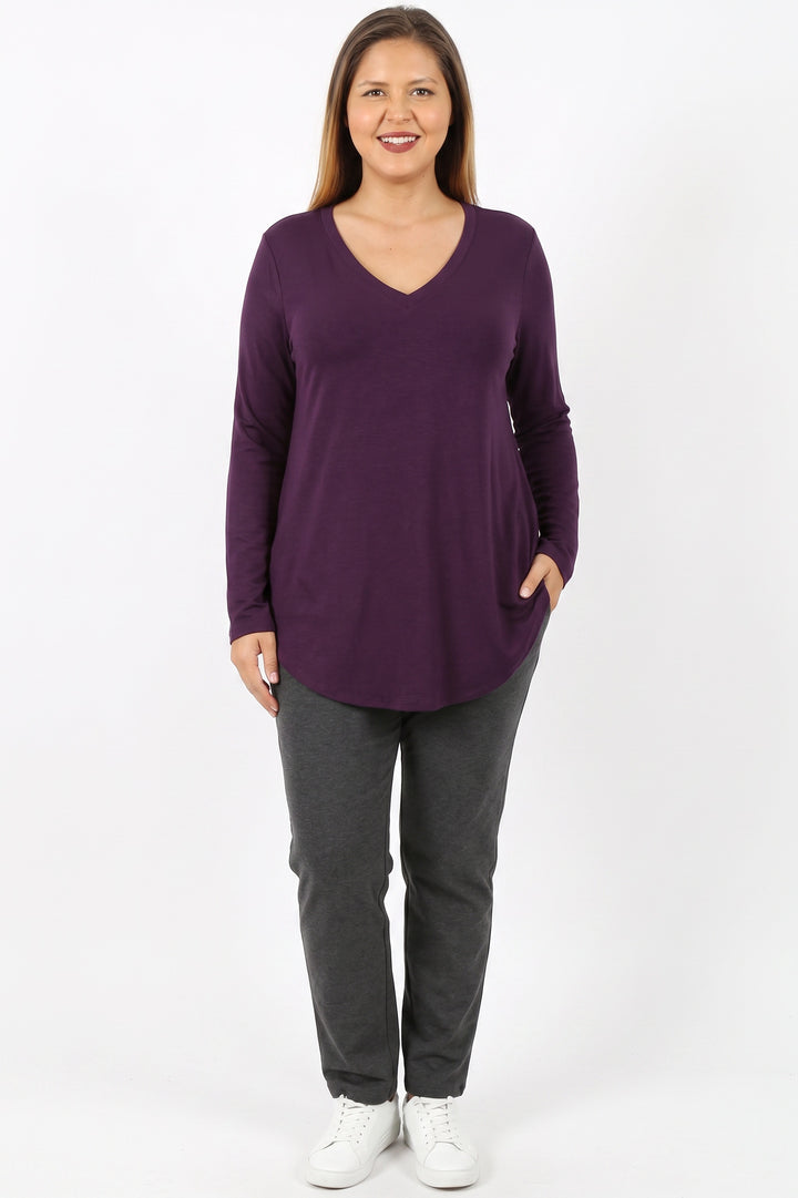 Premium V-Neck Round Hem Long Sleeve Plus Size Top