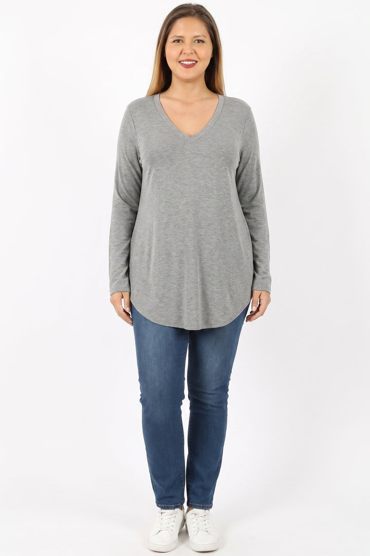 Premium V-Neck Round Hem Long Sleeve Plus Size Top