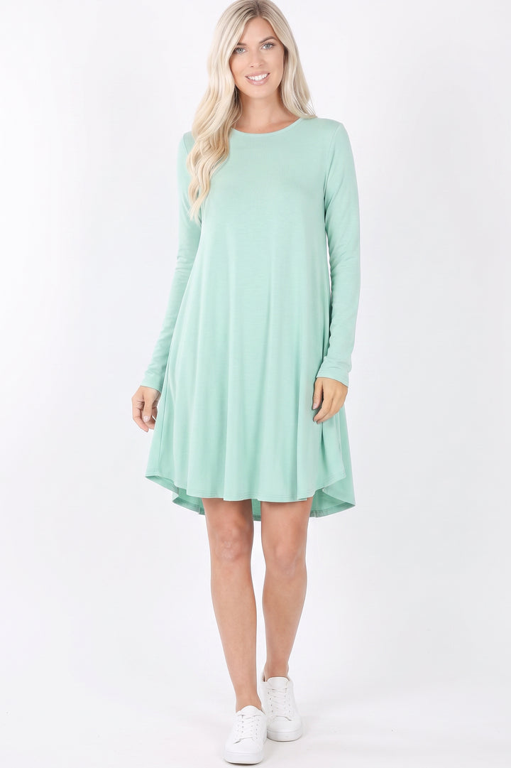 Premium Long Sleeve A-Line Round Hem Rayon Tunic with Pockets