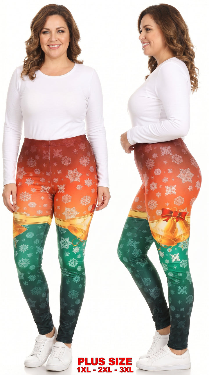 Festive Red and Green Split Christmas Bells Leggings - Plus Size - 1XL 2XL 3XL