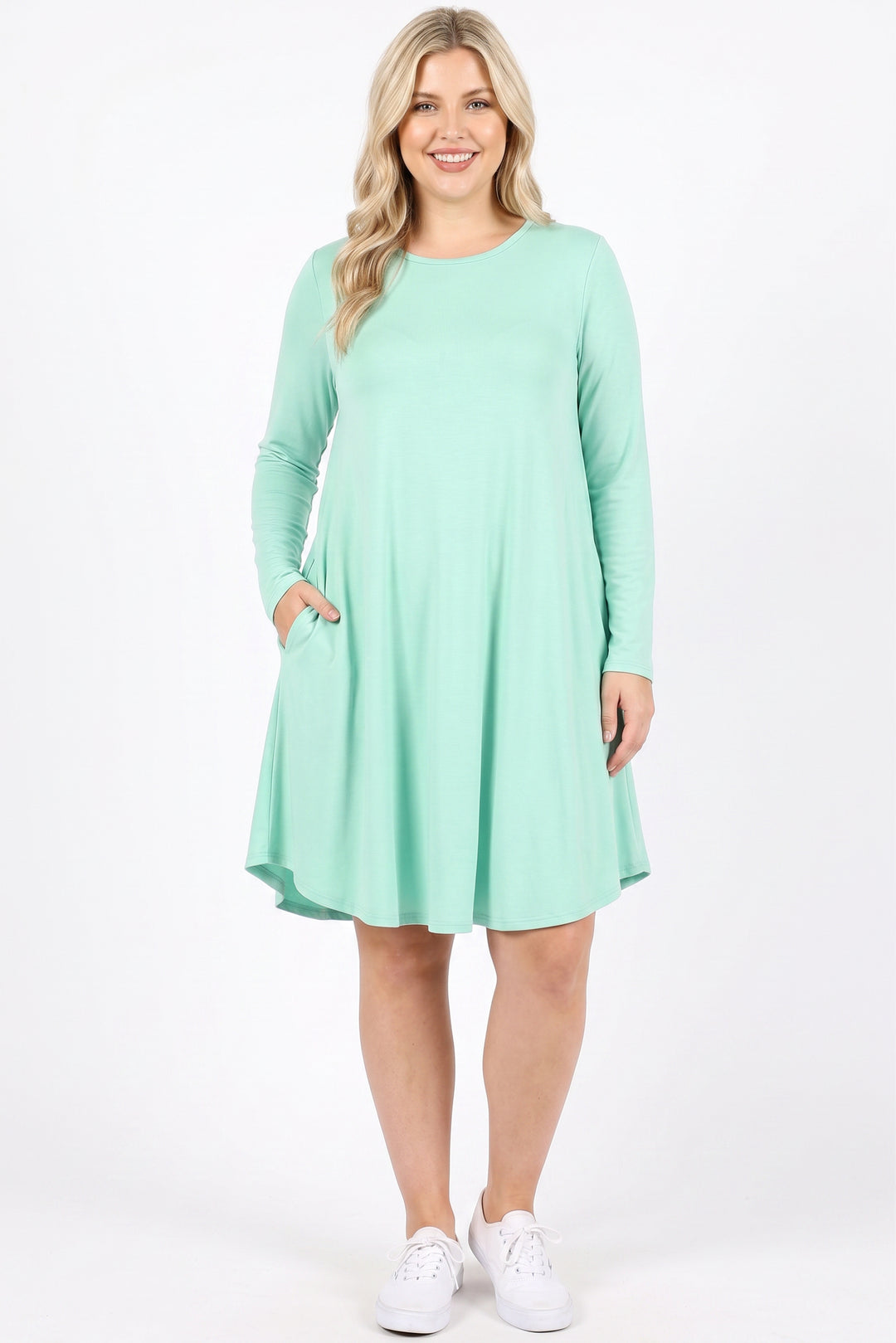 Premium Long Sleeve A-Line Round Hem Plus Size Rayon Tunic with Pockets