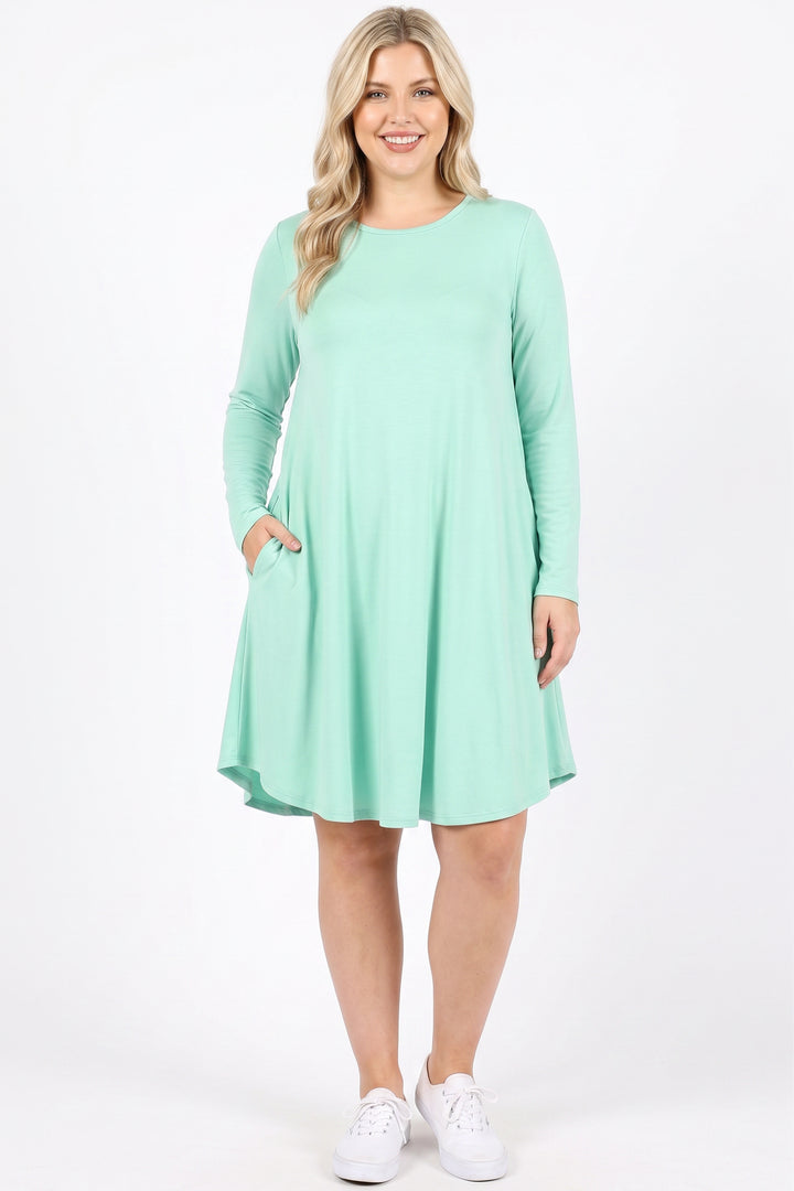Premium Long Sleeve A-Line Round Hem Plus Size Rayon Tunic with Pockets